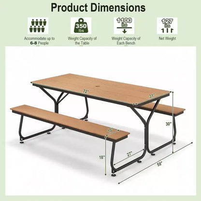 Costway Ensemble table et banc de pique-nique 1,8 m Extérieur HDPE Table robuste pour 6 à 8 personnes Marron/Gris