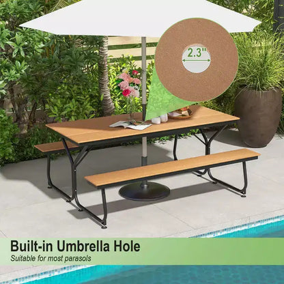 Costway Ensemble table et banc de pique-nique 1,8 m Extérieur HDPE Table robuste pour 6 à 8 personnes Marron/Gris