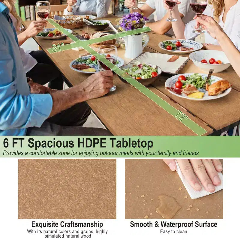 Costway Ensemble table et banc de pique-nique 1,8 m Extérieur HDPE Table robuste pour 6 à 8 personnes Marron/Gris