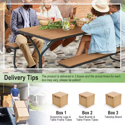 Costway Ensemble table et banc de pique-nique 1,8 m Extérieur HDPE Table robuste pour 6 à 8 personnes Marron/Gris