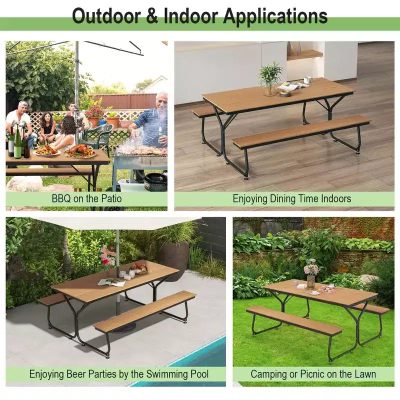 Costway Ensemble table et banc de pique-nique 1,8 m Extérieur HDPE Table robuste pour 6 à 8 personnes Marron/Gris