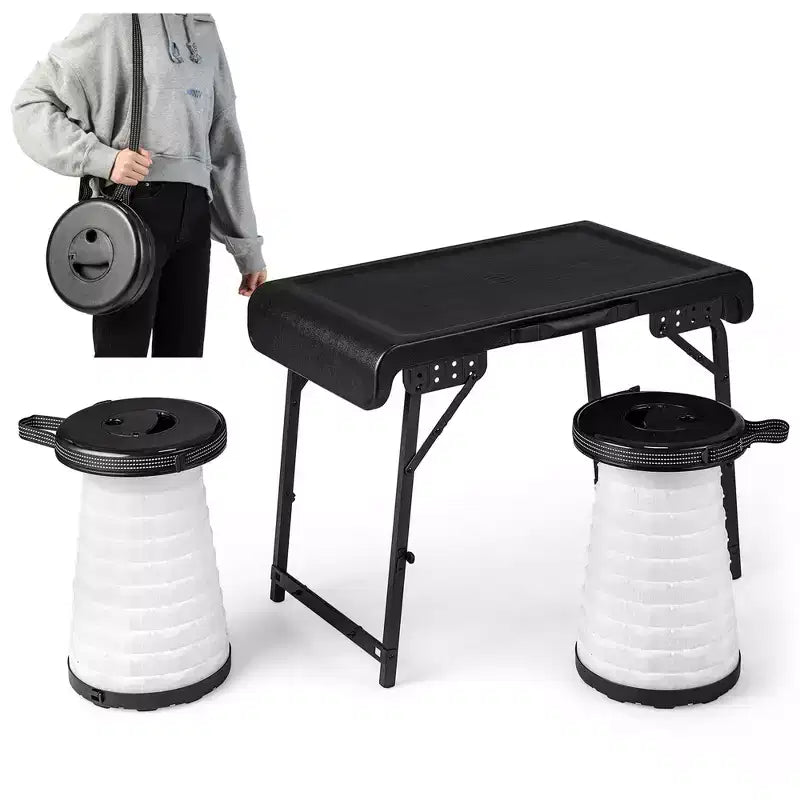 Costway Ensemble table et 2 tabourets pliants 3 pièces avec table de camping et 2 tabourets LED rétractables