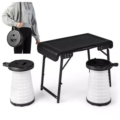 Costway Ensemble table et 2 tabourets pliants 3 pièces avec table de camping et 2 tabourets LED rétractables