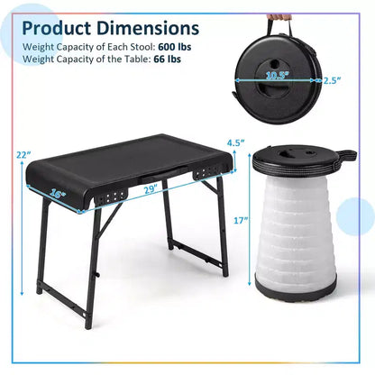 Costway Ensemble table et 2 tabourets pliants 3 pièces avec table de camping et 2 tabourets LED rétractables