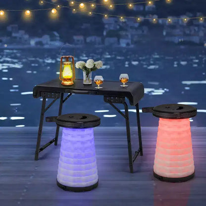 Costway Ensemble table et 2 tabourets pliants 3 pièces avec table de camping et 2 tabourets LED rétractables