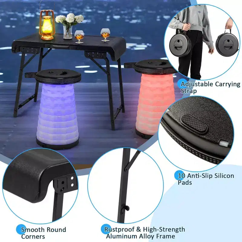 Costway Ensemble table et 2 tabourets pliants 3 pièces avec table de camping et 2 tabourets LED rétractables