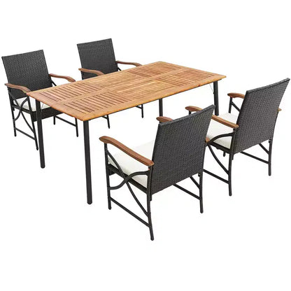 Costway Salon de Jardin 5 Pièces en Rotin, Fauteuils Rembourrés, Table en Bois d'Acacia avec Trou de Parasol