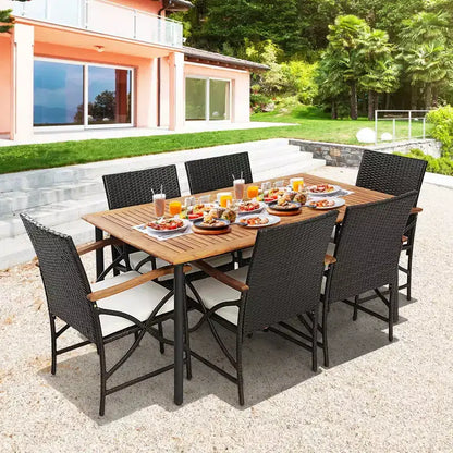 Costway Salon de Jardin 5 Pièces en Rotin, Fauteuils Rembourrés, Table en Bois d'Acacia avec Trou de Parasol