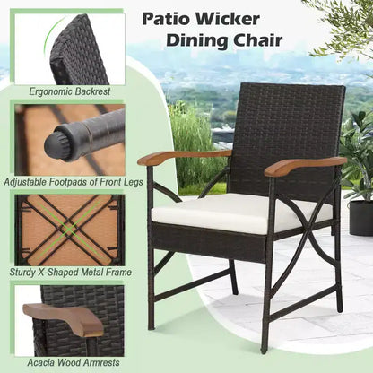 Costway Salon de Jardin 5 Pièces en Rotin, Fauteuils Rembourrés, Table en Bois d'Acacia avec Trou de Parasol