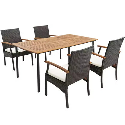 Costway Ensemble de salle à manger d'extérieur 5 pièces en osier avec coussins, fauteuils en bois d'acacia et table avec trou pour parasol