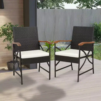 Costway Set da Pranzo da Giardino 7 Pezzi in Rattan con Cuscino Braccioli in Legno di Acacia Tavolo con Foro per Ombrellone