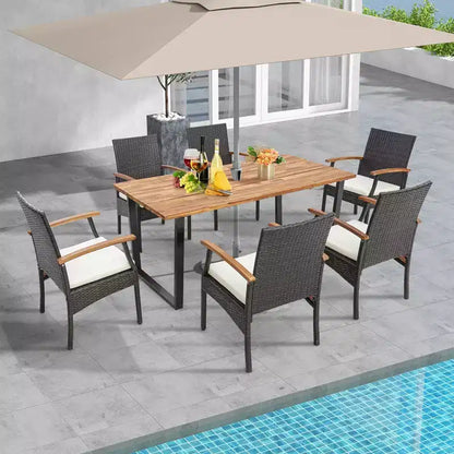 Ensemble de salle à manger Costway 7 pièces en rotin pour patio, table en bois d'acacia, 6 chaises en osier avec trou pour parasol