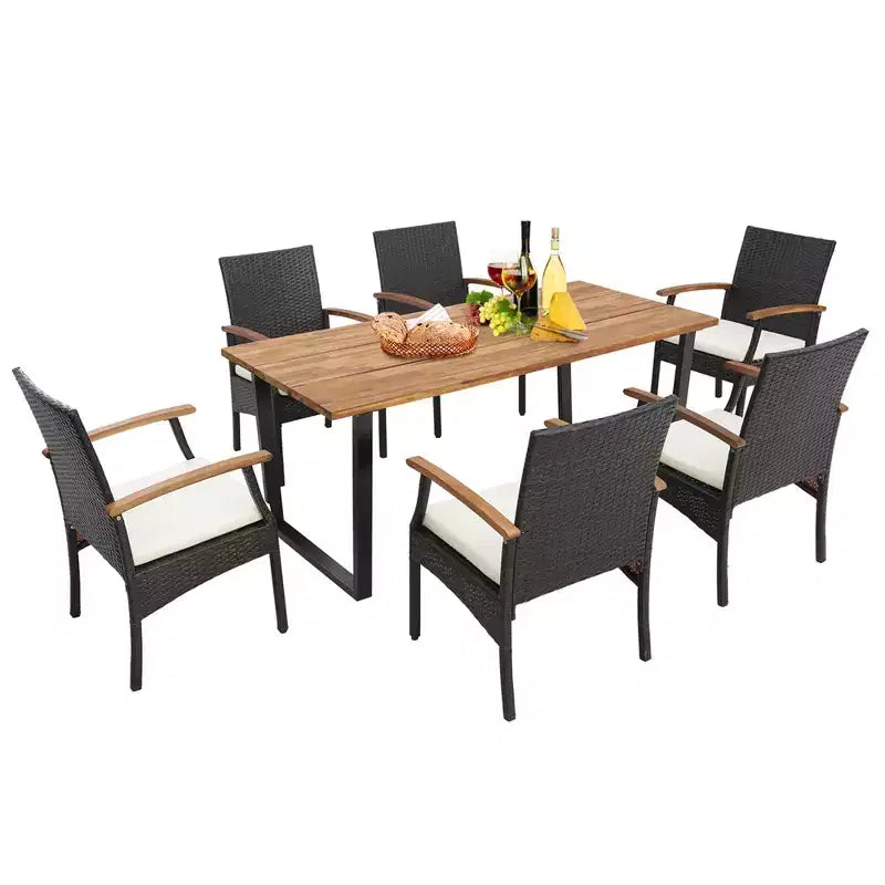 Ensemble de salle à manger Costway 7 pièces en rotin pour patio, table en bois d'acacia, 6 chaises en osier avec trou pour parasol