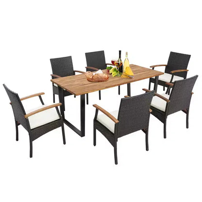 Ensemble de salle à manger Costway 7 pièces en rotin pour patio, table en bois d'acacia, 6 chaises en osier avec trou pour parasol