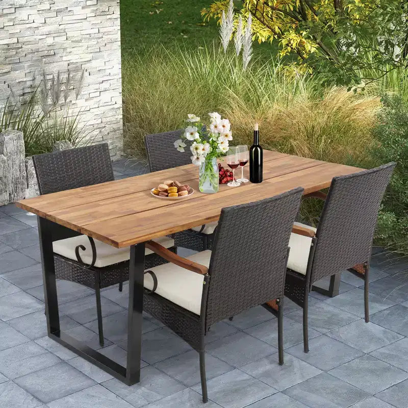 Costway 5 PCS Patio Rattan Dining Set Acacia Wood Table 4 Wicker Chairs with Umbrella Hole