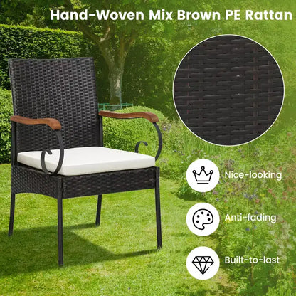 Costway Set da Pranzo da Esterno 5 Pezzi in Rattan, Tavolo in Legno di Acacia e 4 Sedie in Vimini con Foro per Ombrellone