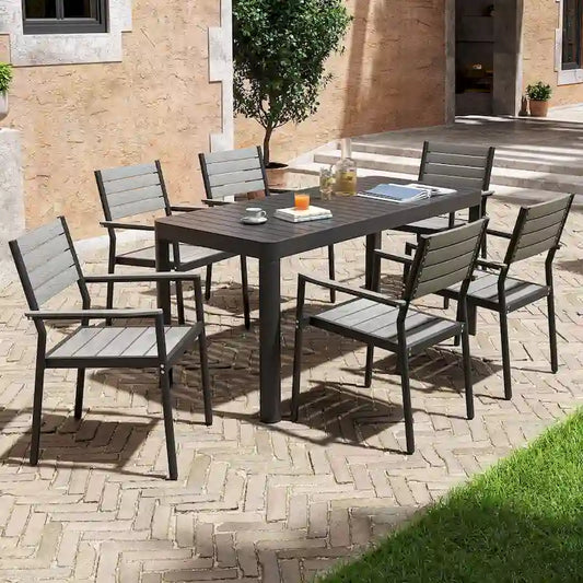 Set da Pranzo da Esterno a 5/7 Pezzi per Patio con Sedie Impilabili in Alluminio e Tavolo Allungabile