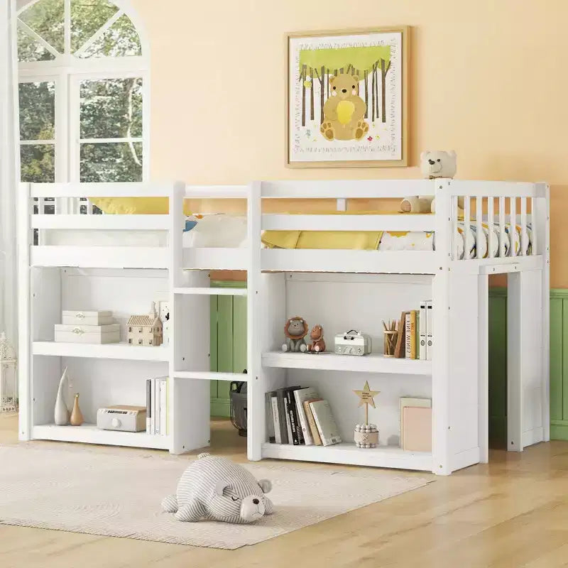 Whisen Letto a soppalco basso per bambini, dimensioni letto singolo, 79,8''L * 43,9''W, con due ripiani e luci LED