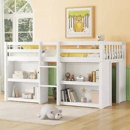 Whisen Letto a soppalco basso per bambini, dimensioni letto singolo, 79,8''L * 43,9''W, con due ripiani e luci LED