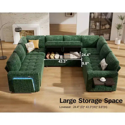 Divano componibile Dyonery a 8 posti a U con letto estraibile/schienale reclinabile/porte USB/tavolo/vano contenitore, montaggio senza attrezzi