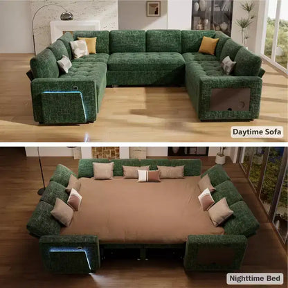 Divano componibile Dyonery a 8 posti a U con letto estraibile/schienale reclinabile/porte USB/tavolo/vano contenitore, montaggio senza attrezzi