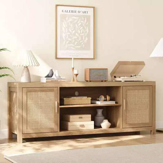 Mobile TV Boho, Porta TV in Rattan con Ripiani Regolabili e Contenitore, Quercia Naturale