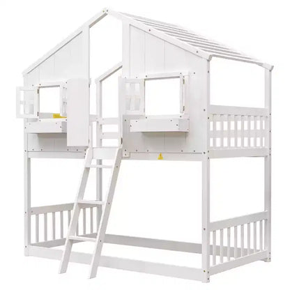 Lit mezzanine cabane de taille double, lit mezzanine cabane en bois avec échelle et barrières de sécurité pour enfants