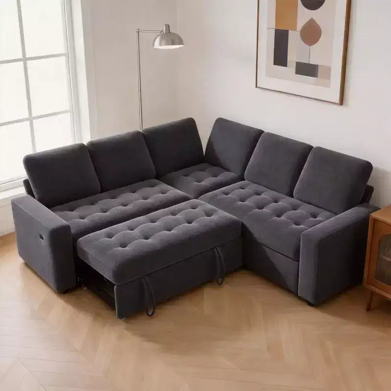 Dyonery Comfy Divano Letto 198 cm, Divano Letto a L in ciniglia con Letto Estraibile e Chaise Longue Contenitore per Soggiorno, Appartamento e Ufficio, Nero