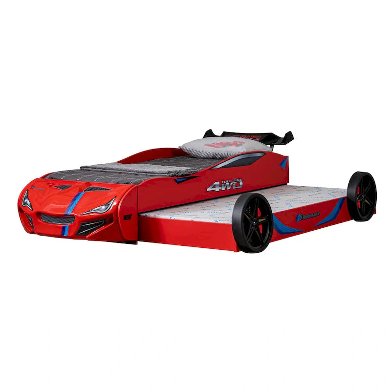 Lit enfant voiture de course double avec lit gigogne, finition brillante, pas besoin de sommier tapissier
