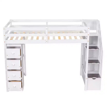 Lit mezzanine double en bois Whisen avec tiroirs de rangement, escalier et étagères