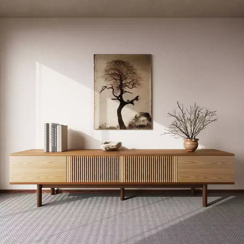 Meuble TV Mid-Century Modern 86,6 po en bois massif, console média avec espace de rangement, couleur naturelle