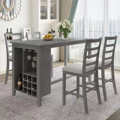 Set da pranzo da 5 pezzi in stile rustico ad altezza bancone con sedie per 4 persone, tavolo rettangolare in legno con ripiani e scomparto per bar/vino