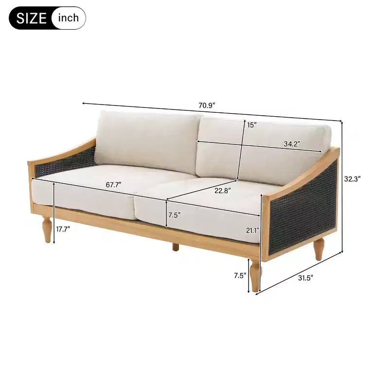 Divanetto Divano Moderno di Metà Secolo con Morbida Imbottitura, Braccioli in Rattan e Gambe in Legno, Divano a 2 Posti per Soggiorno, Camera da Letto o Appartamento-Panipeachy