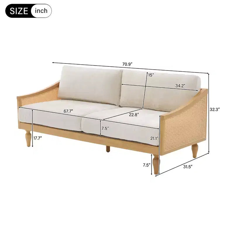 Divanetto Divano Moderno di Metà Secolo con Morbida Imbottitura, Braccioli in Rattan e Gambe in Legno, Divano a 2 Posti per Soggiorno, Camera da Letto o Appartamento-Panipeachy