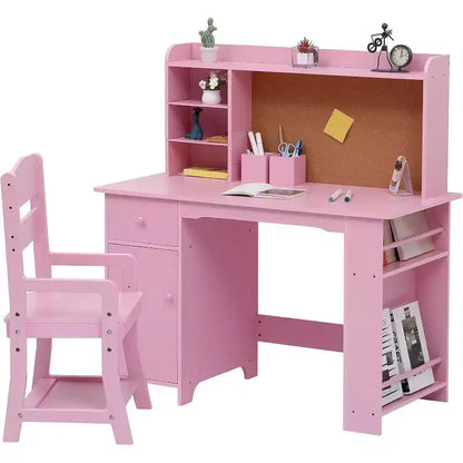 Scrivania per bambini, set scrivania e sedia per ragazzi e ragazze, tavolo da scrittura per bambini in legno con libreria, bacheca, armadietto e cassetto per età 3-8