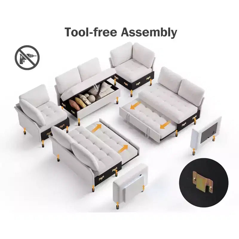 Divano componibile Dyonery a 8 posti a U con letto estraibile/schienale reclinabile/porte USB/tavolo/vano contenitore, montaggio senza attrezzi