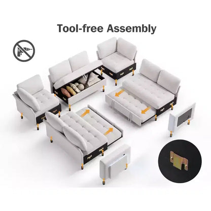 Divano componibile Dyonery a 8 posti a U con letto estraibile/schienale reclinabile/porte USB/tavolo/vano contenitore, montaggio senza attrezzi