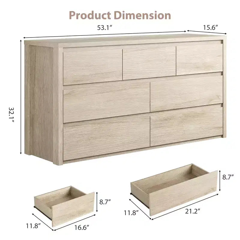 Comò Moderno Largo a 7 Cassetti per Camera da Letto, Grande Cassettiera in Legno con Organizzatore per Soggiorno, Corridoio e Ingresso