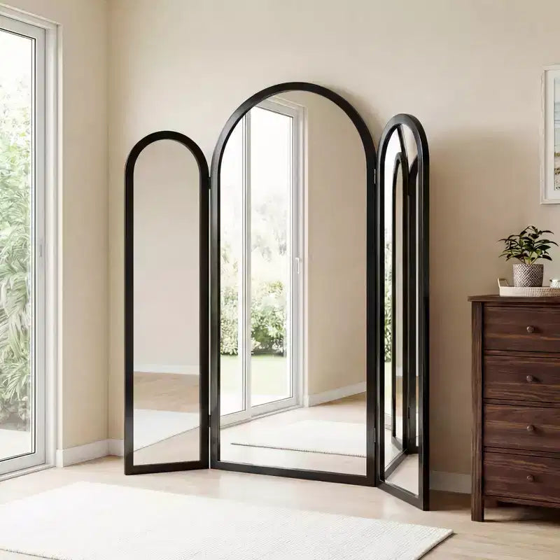 Specchio a tre ante Dovelina 71A*66.5L, specchio a figura intera ad arco reclinabile per soggiorno, sala da pranzo, ingresso, camera da letto, telaio in metallo/legno disponibile