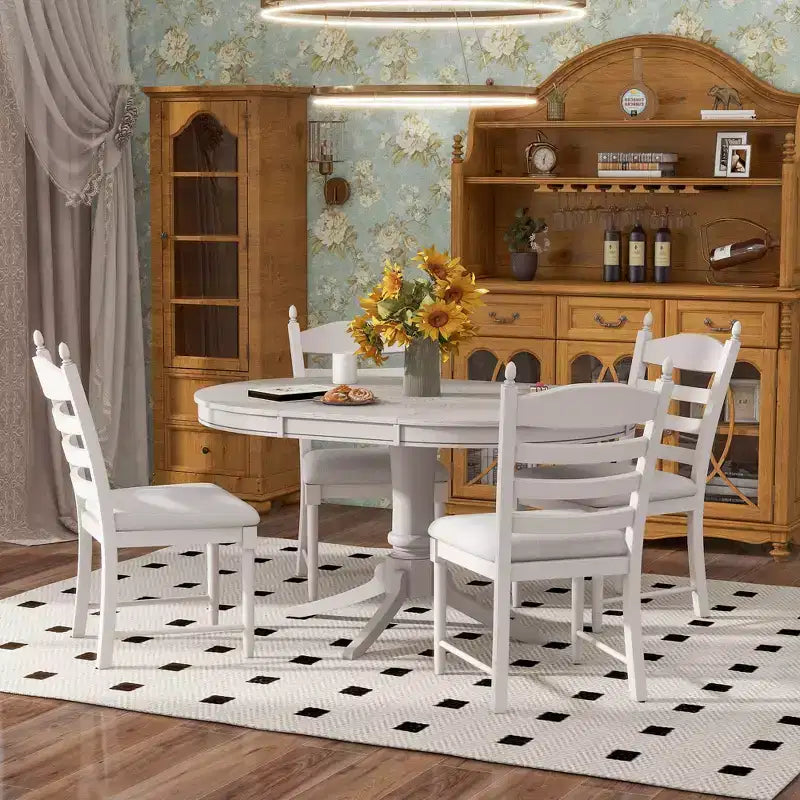 Set tavolo da pranzo rotondo allungabile per 4 persone, set da pranzo stile rustico e 4 sedie imbottite