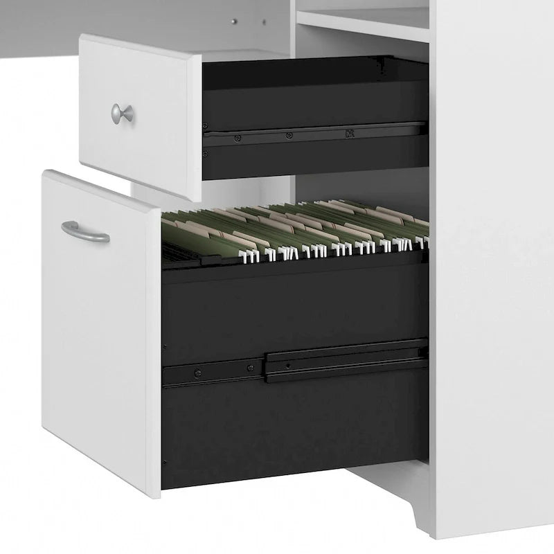 Bureau d'ordinateur en L de 60 pouces avec huche, bibliothèque à 5 étagères et tiroir classeur, capacité de 200 lb sur le bureau