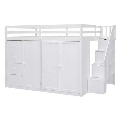 Letto a soppalco intero in pile orsetto con mensola portaoggetti e cassetti, letto a soppalco alto in legno con scrivania versatile per camera da letto