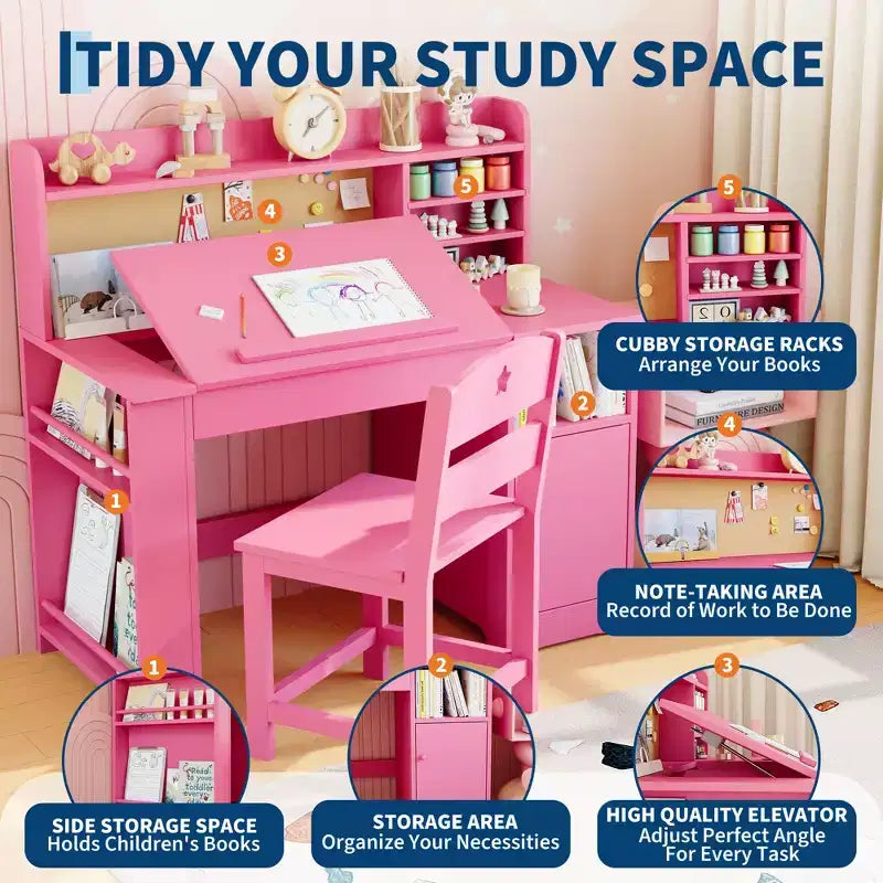 Set scrivania e sedia per bambini, con libreria superiore e piano inclinabile, tavolo da studio per bambini, scrivania per studenti, per camera da letto, casa