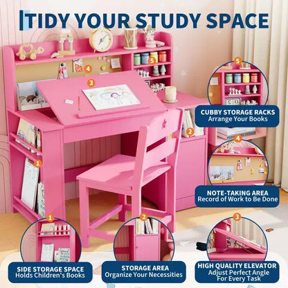 Set scrivania e sedia per bambini, con libreria superiore e piano inclinabile, tavolo da studio per bambini, scrivania per studenti, per camera da letto, casa