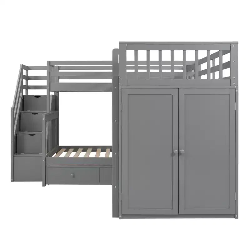 Lit superposé en L Whisen Modern Design (jumeau sur grand) avec 3 tiroirs, bureau portable et armoire
