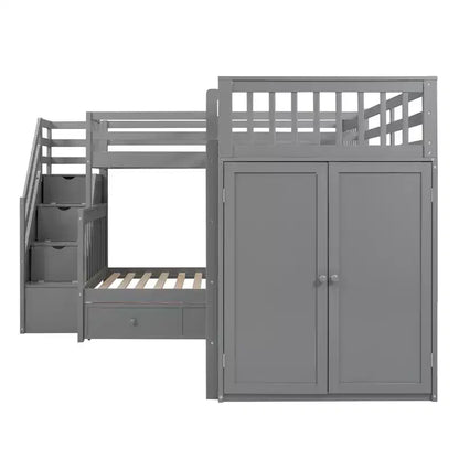 Lit superposé en L Whisen Modern Design (jumeau sur grand) avec 3 tiroirs, bureau portable et armoire