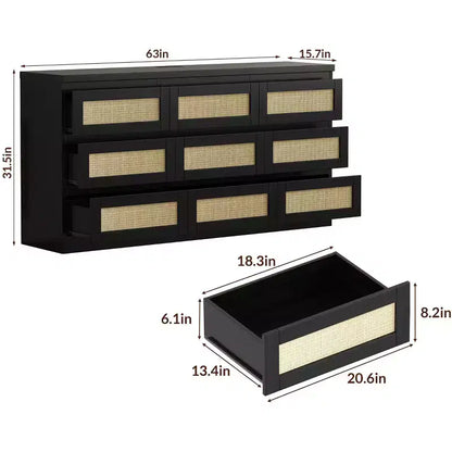 Comò per camera da letto, cassettiera a 9 cassetti in rattan per armadio, cassettiere e cassettoni doppi in legno