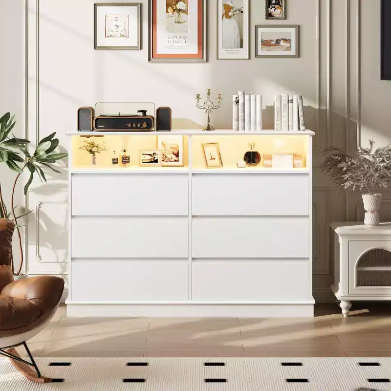 Comò per camera da letto, cassettiera a 6 cassetti, mobile a 6 cassetti con spazio aperto, armadietto moderno di grande capacità, soggiorno, corridoio