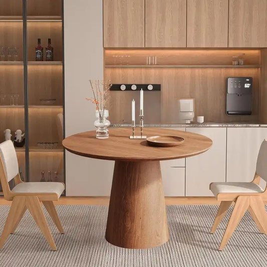Tavolo da pranzo rotondo per 4-6 persone, con venature naturali del legno, base a piedistallo cono in legno, tavolo da pranzo rustico minimalista