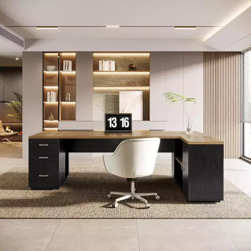 Scrivania direzionale a L Lantine 85.8, scrivania da computer da ufficio extra large con cassetti per schedari per l'home office